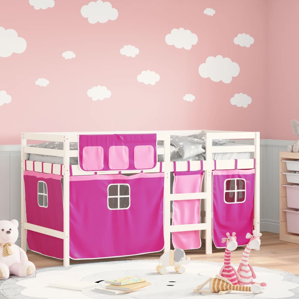 VidaXL Kinderhoogslaper met gordijnen 90x190 cm grenenhout roze