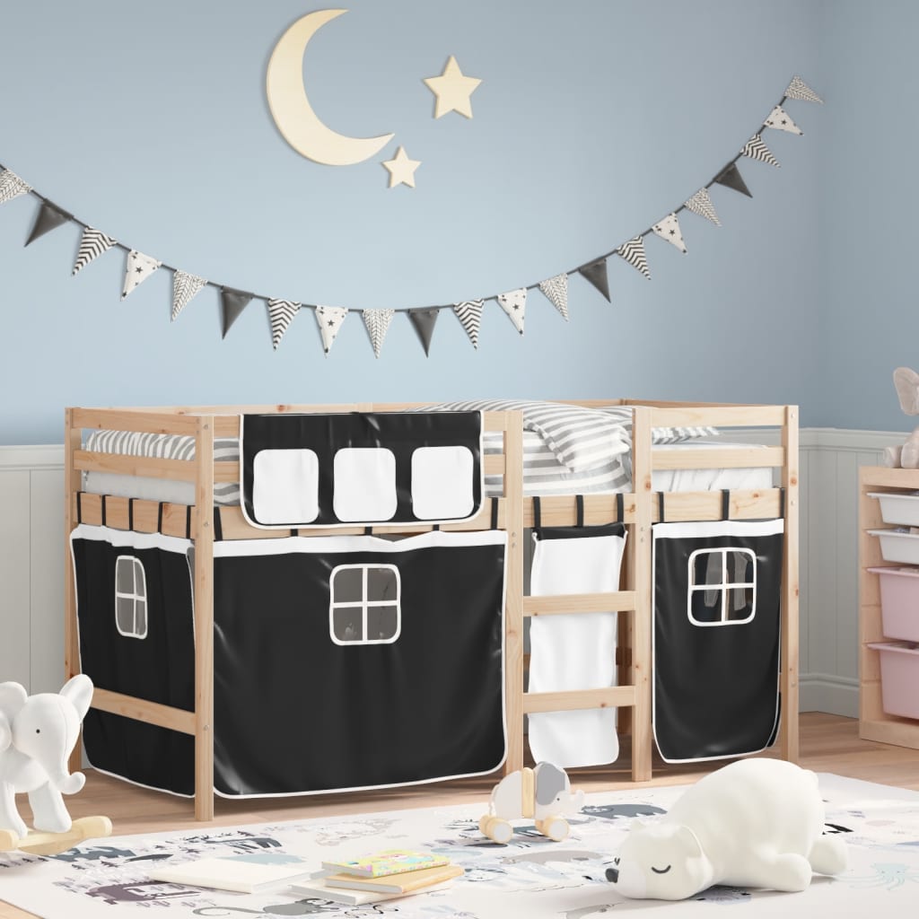 VidaXL Kinderhoogslaper met gordijnen 90x200 cm grenenhout wit zwart