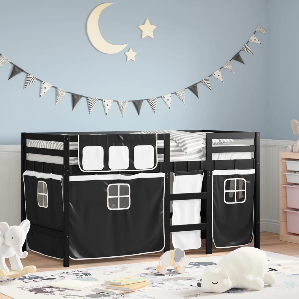 VidaXL Kinderhoogslaper met gordijnen 90x200 cm grenenhout wit zwart