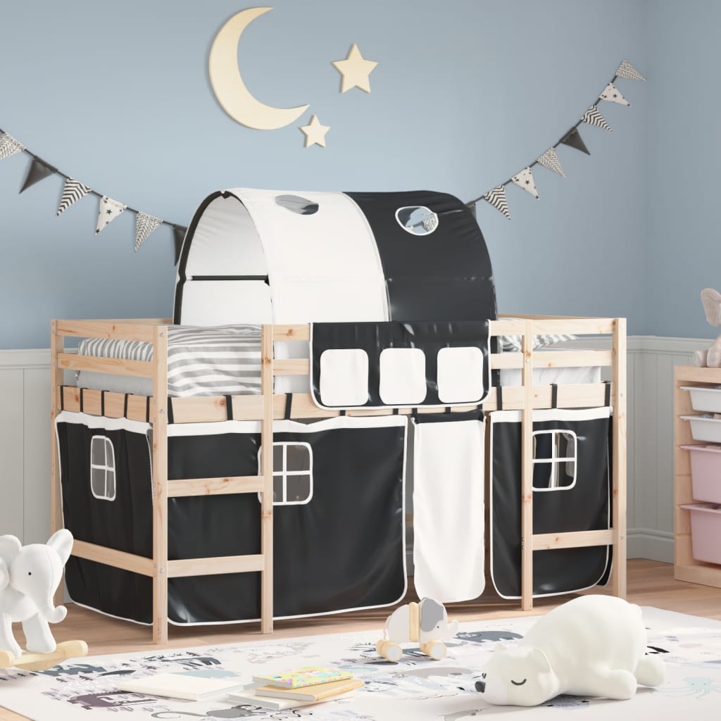 VidaXL Kinderhoogslaper met tunnel 90x190 cm grenenhout wit en zwart