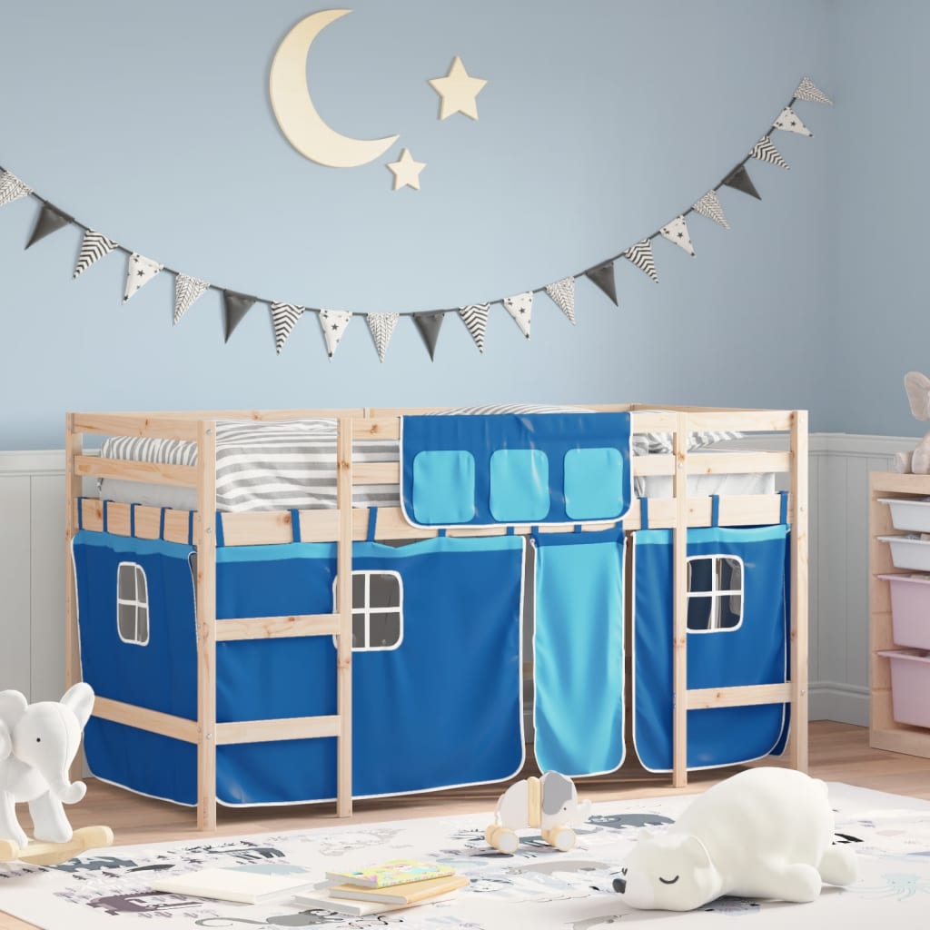 VidaXL Kinderhoogslaper met gordijnen 80x200 cm grenenhout blauw