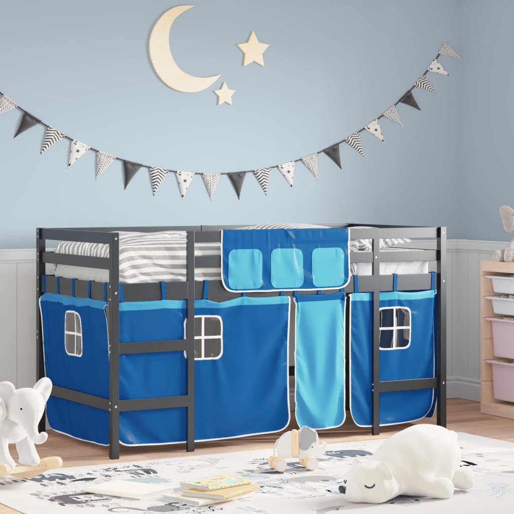 VidaXL Kinderhoogslaper met gordijnen 90x200 cm grenenhout blauw