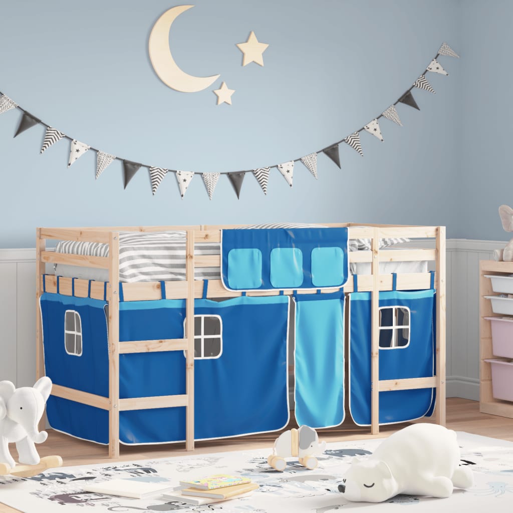 VidaXL Kinderhoogslaper met gordijnen 90x190 cm grenenhout blauw