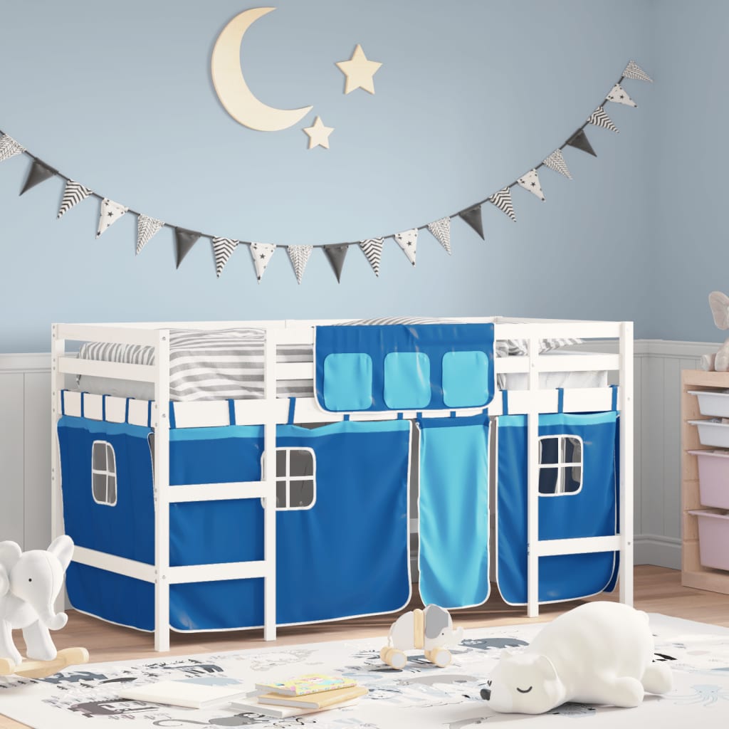 VidaXL Kinderhoogslaper met gordijnen 90x190 cm grenenhout blauw