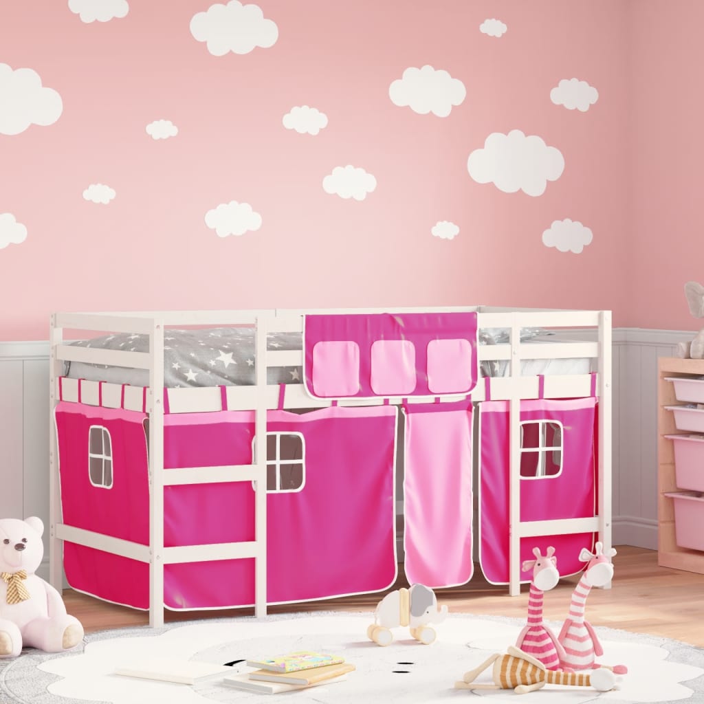 VidaXL Kinderhoogslaper met gordijnen 90x190 cm grenenhout roze